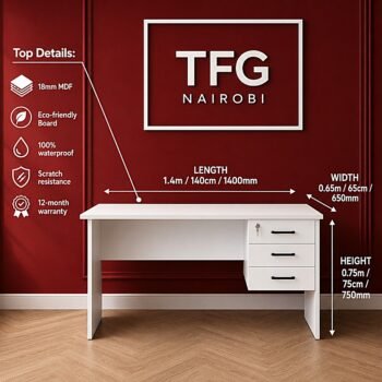 Technical infographic detailing dimensions of the TFG Nairobi 1.4M white office desk: 1.4m length, 0.65m width, 0.75m height, featuring 18mm eco-friendly waterproof MDF. Available near Hurlingham along Argwings Kodhek Road, Nairobi.