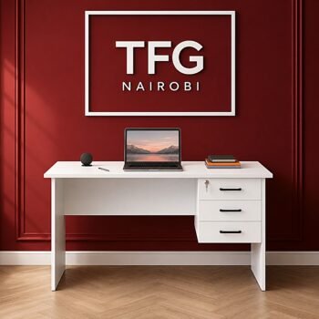 Sleek 1.4M white office desk with 3 lockable drawers staged inside a professional home office in Hurlingham along Argwings Kodhek Road, Nairobi. Premium collection by TFG Nairobi.