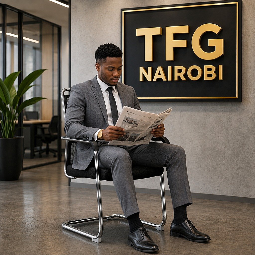 8003-3 Visitors Chair - Professional Lifestyle Westlands A professional in a grey suit sitting on the 8003-3 mesh visitor chair with a chrome frame in a modern Westlands office reception area under the TFG Nairobi logo.