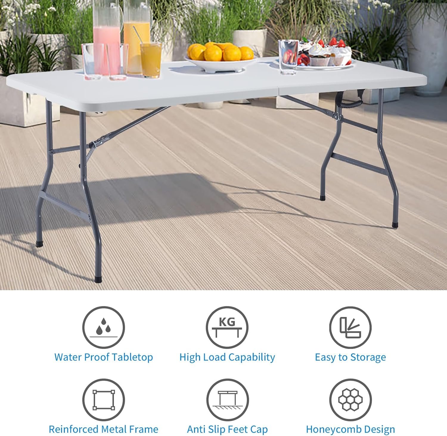 Plastic Folding Table-6ft Fold in Half Picnic Table with Carrying Handle for Indoor Outdoor 005