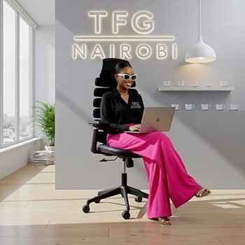 Female digital marketer using an AR16 orthopedic office chair with segmented lumbar support in an Upper Hill Nairobi office.