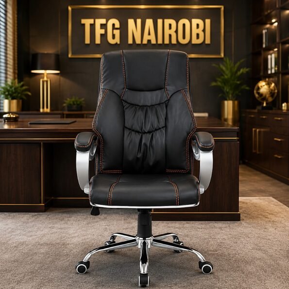Front view of B19 black high back executive office chair with chrome arms and wheels in Kilimani, Nairobi, Kenya