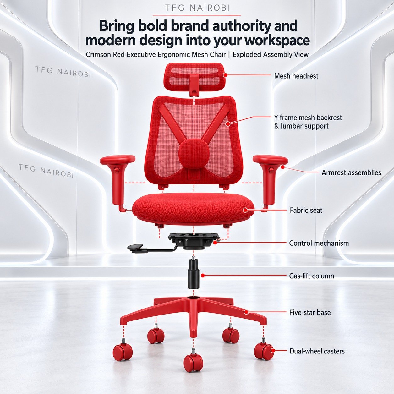 Crimson Red Executive Ergonomic Mesh Chair - Y-Frame Lumbar Support Westlands Nairobi Crimson Red Executive Ergonomic Mesh Chair with Y-frame lumbar support in exploded assembly view available at The Furniture Guys Nairobi in Westlands Kenya