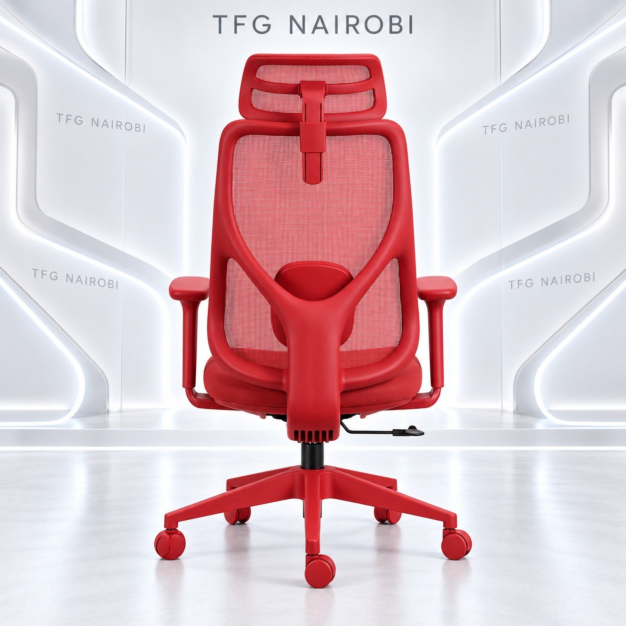Crimson Red Executive Ergonomic Mesh Chair - Rear View Y-Frame Westlands Nairobi Crimson Red Executive Ergonomic Mesh Chair showing rear Y-frame lumbar support available at The Furniture Guys Nairobi in Westlands Kenya