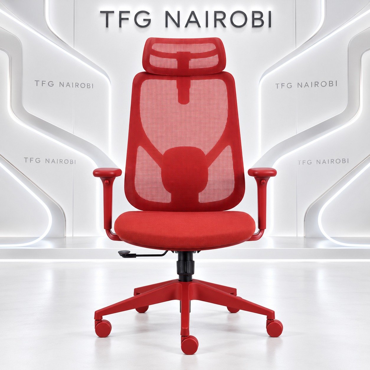 Crimson Red Executive Ergonomic Mesh Chair Crimson red executive ergonomic mesh chair – high-back mesh chair with Y-frame lumbar support, headrest and matching red base, Westlands, Nairobi