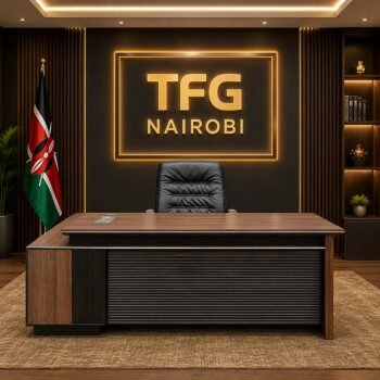 EKTP8051 1.8M Executive Office Desk from The Furniture Guys Nairobi featuring a modern walnut finish and black textured front panel in a Westlands corporate office.