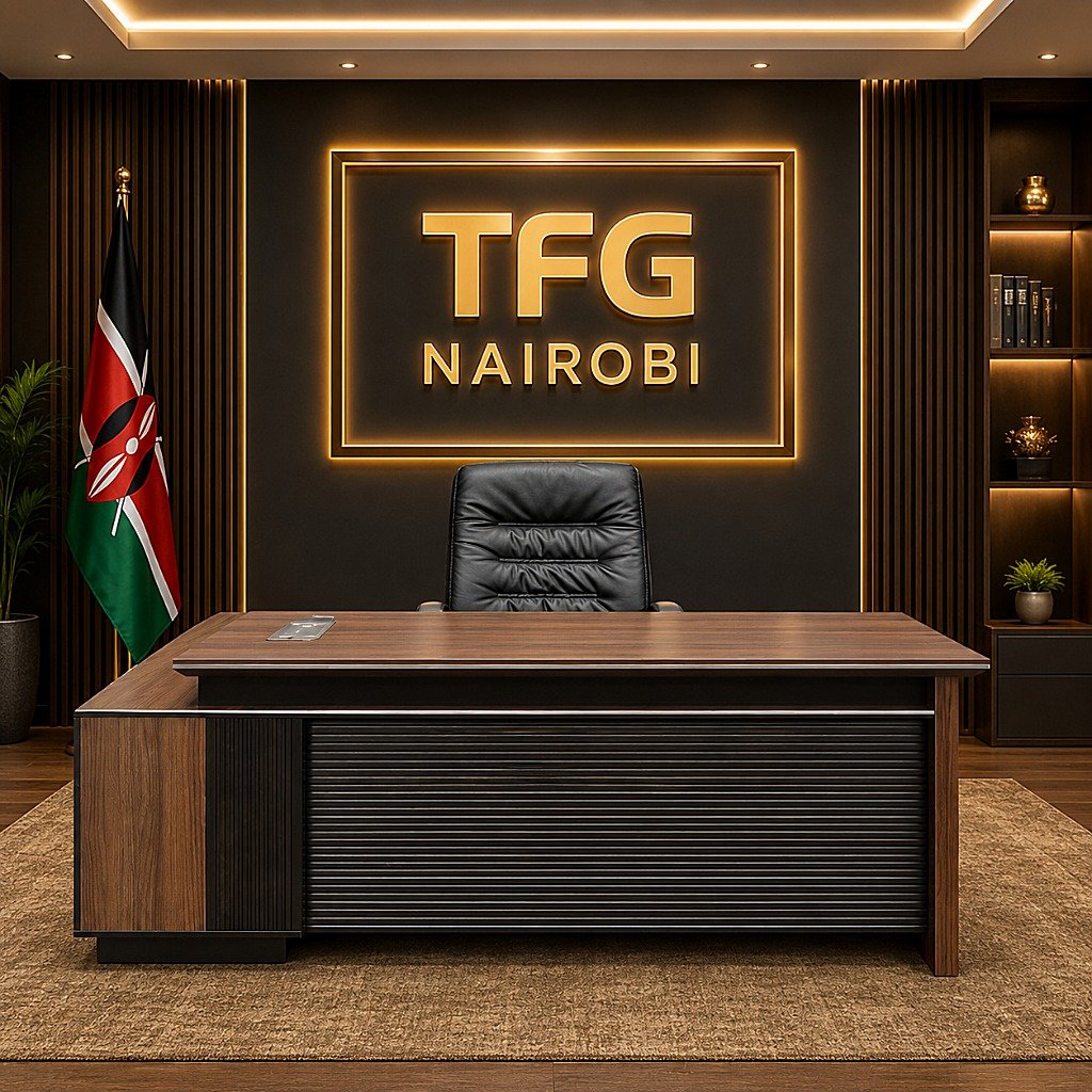 EKTP8051 Executive Office Desk 1.8M - Westlands Nairobi EKTP8051 1.8M Executive Office Desk from The Furniture Guys Nairobi featuring a modern walnut finish and black textured front panel in a Westlands corporate office.