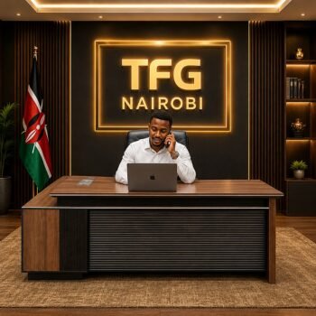 A professional executive working at the EKTP8051 1.8M executive office desk from TFG Nairobi in a modern Westlands office featuring premium walnut finish and black textured detailing.