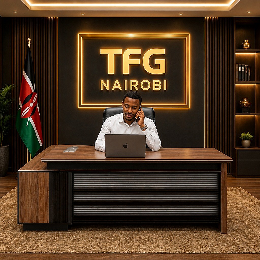 EKTP8051 1.8M Executive Desk - Westlands Lifestyle A professional executive working at the EKTP8051 1.8M executive office desk from TFG Nairobi in a modern Westlands office featuring premium walnut finish and black textured detailing.