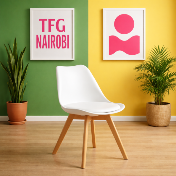 Sleek white EO1300W Eames chair with wooden legs and black wire bracing in a bright Muthaiga home, Nairobi.