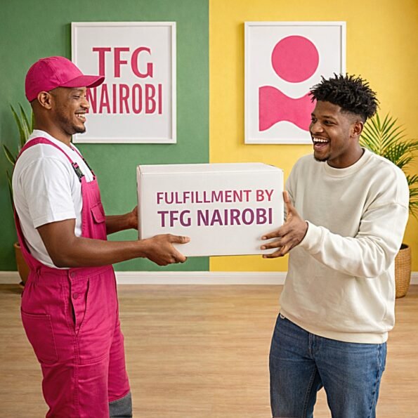 TFG Nairobi delivery personnel handing over a parcel for the EO1300W Eames-style chair in a Muthaiga residence, Nairobi.