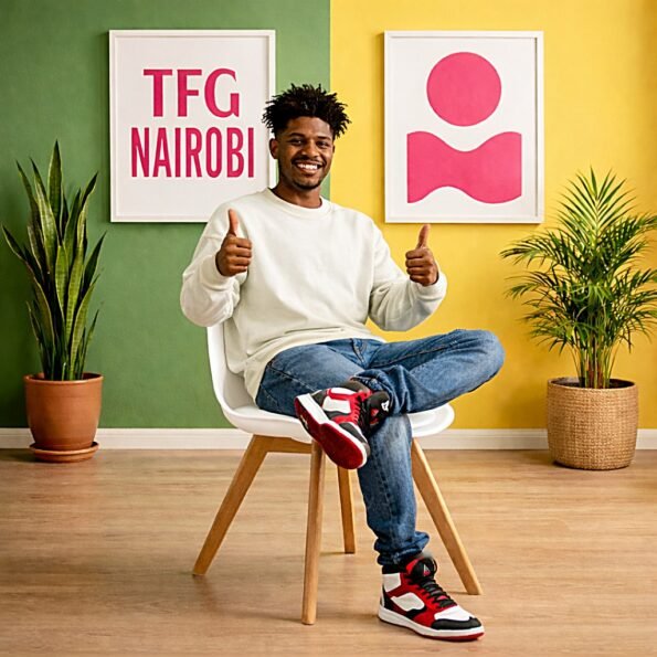 Happy young man giving two thumbs up while sitting on a white EO1300W Eames-style armchair in a modern Muthaiga home, Nairobi.
