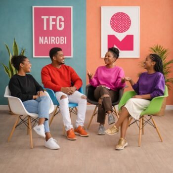 Group of friends sitting on colorful EO1571 Eames armchairs in a modern Kilimani Nairobi apartment studio.