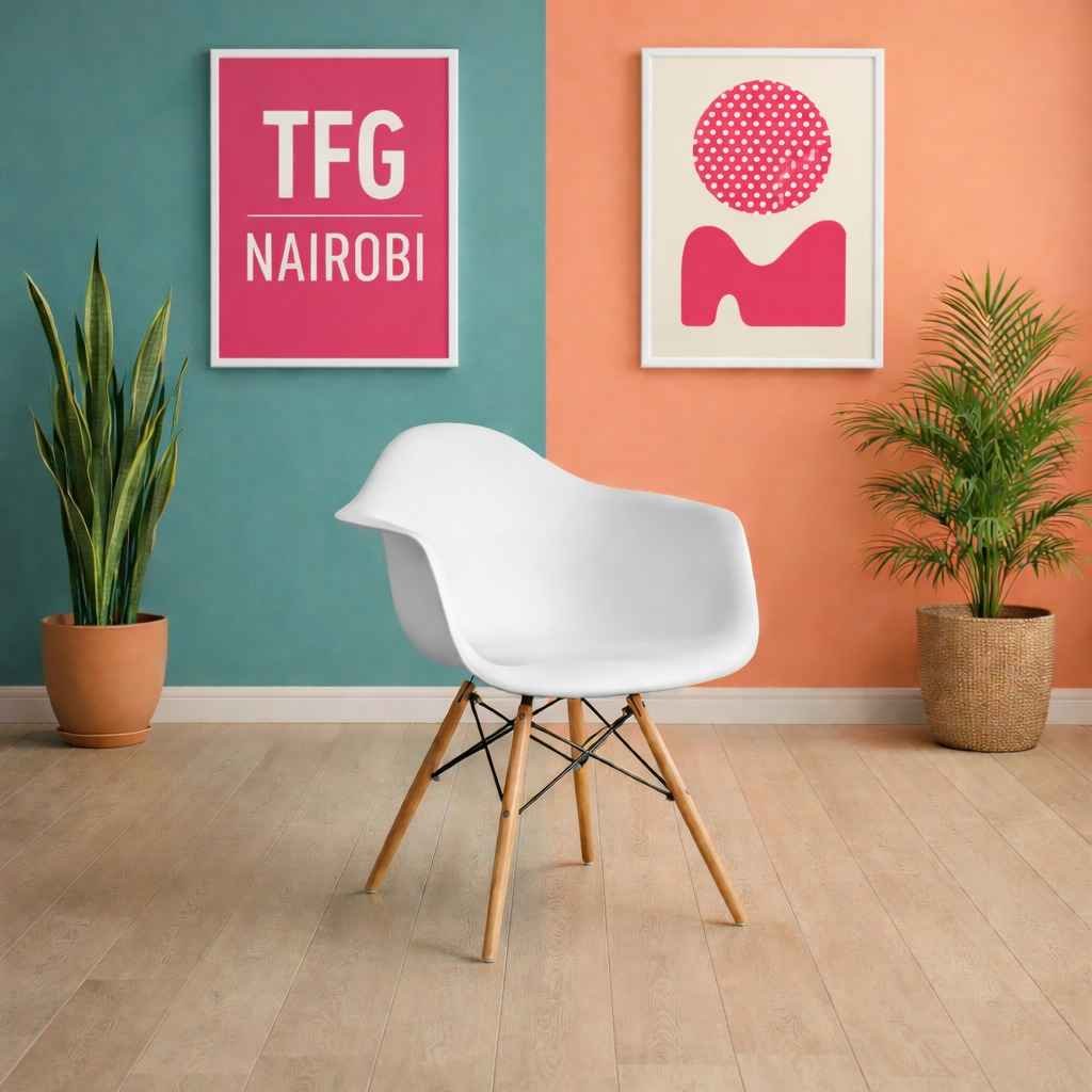 EO1571W Eames Armchair - Westlands Studio Professional Staging White EO1571W Eames armchair with wooden legs and molded plastic seat in a Westlands Nairobi design studio.