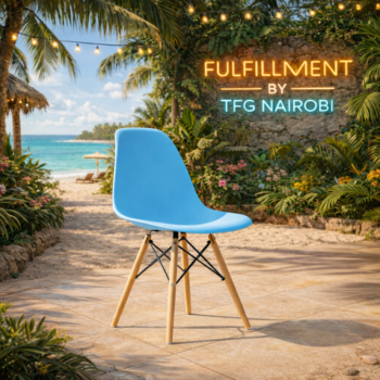 Light blue EO196LB Eames Chair with wooden legs styled in a luxury Loresho home, part of the TFG Nairobi designer furniture collection.