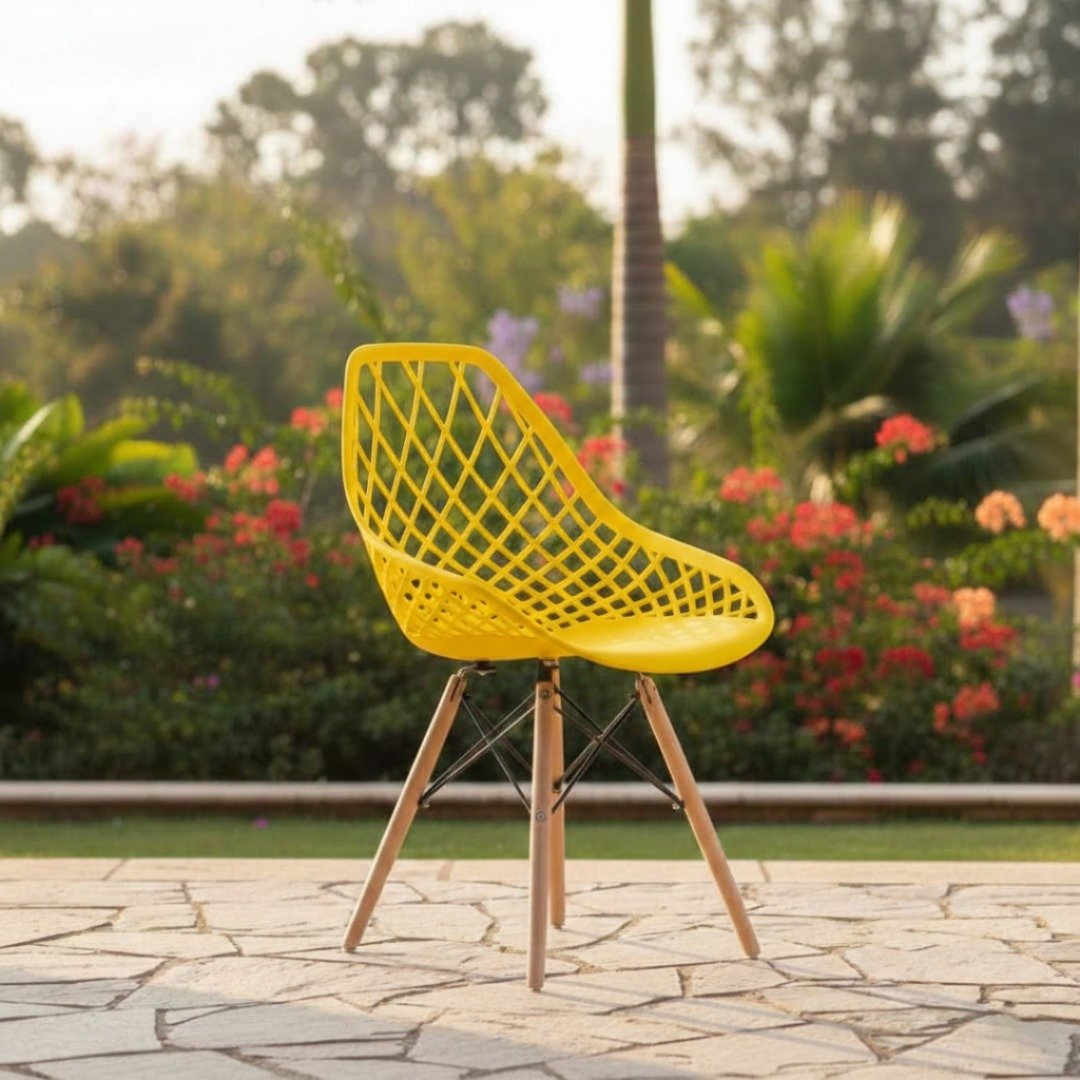 EO197Y Yellow Eames Chair – Loresho Edition Front view of the vibrant yellow EO197Y Eames chair in a Loresho home, Nairobi.