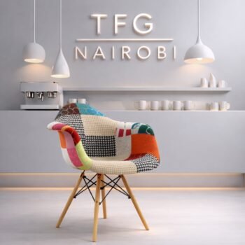 EO8418 Patchwork Eames fabric armchair with wooden legs and multi-colored upholstered shell for creative office interiors in Westlands Nairobi.