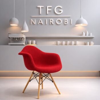 EO8418 Red Eames fabric armchair with wooden legs and upholstered shell in a modern Kilimani Nairobi home office studio.