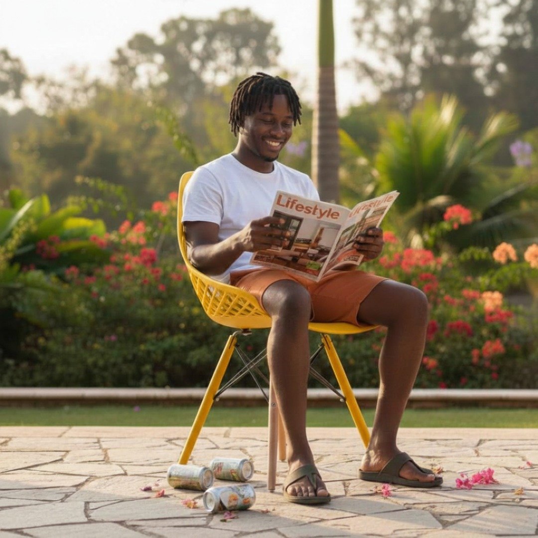 Parklands Lifestyle – TFG Nairobi EO197Y Young man enjoying the ergonomic design of a yellow EO197Y Eames chair in Parklands.