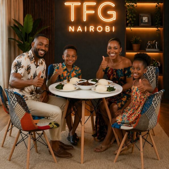Happy family giving a thumbs up at an EV1897 round white dining table with patchwork Eames-style chairs in Karen, Nairobi.