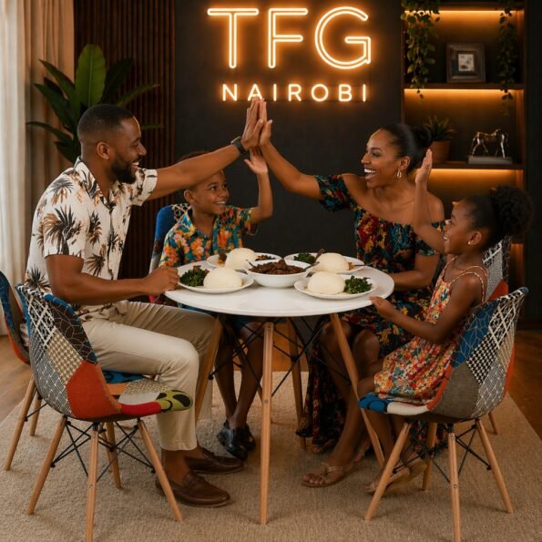 Happy Kenyan family celebrating with a high-five over a meal on the EV1897 white round dining table and patchwork chairs in Karen, Nairobi.