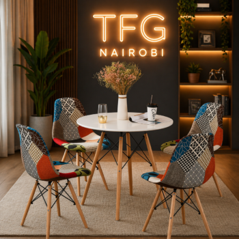 EV1897 Dining Table and Chairs, patchwork Eames-style chairs in a modern Karen dining nook, Nairobi.
