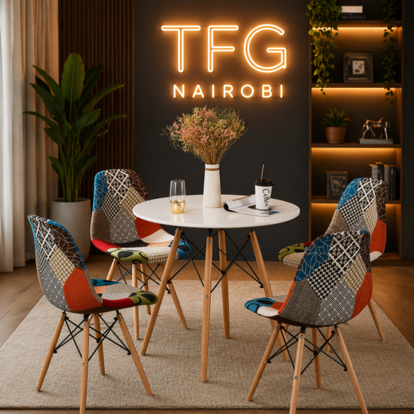 EV1897 Dining Table and Chairs, patchwork Eames-style chairs in a modern Karen dining nook, Nairobi.