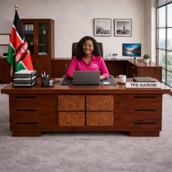 Female lawyer in Parklands using the TWAF851 1.4m executive desk delivered by The Furniture Guys Nairobi.