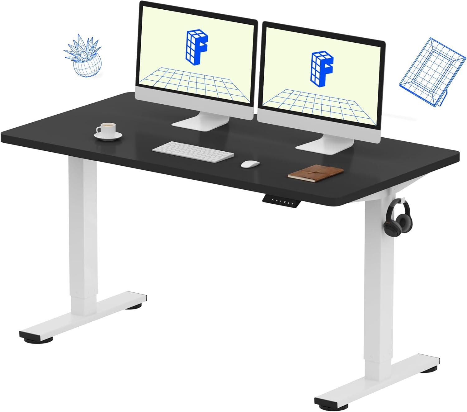 FlexiSpot EN1BW 1.4M Executive Black Series – Kilimani Edition FlexiSpot EN1BW 1.4M Electric Height Adjustable Standing Desk with executive black tabletop and white frame, featuring a dual-monitor setup in a Kilimani home office.