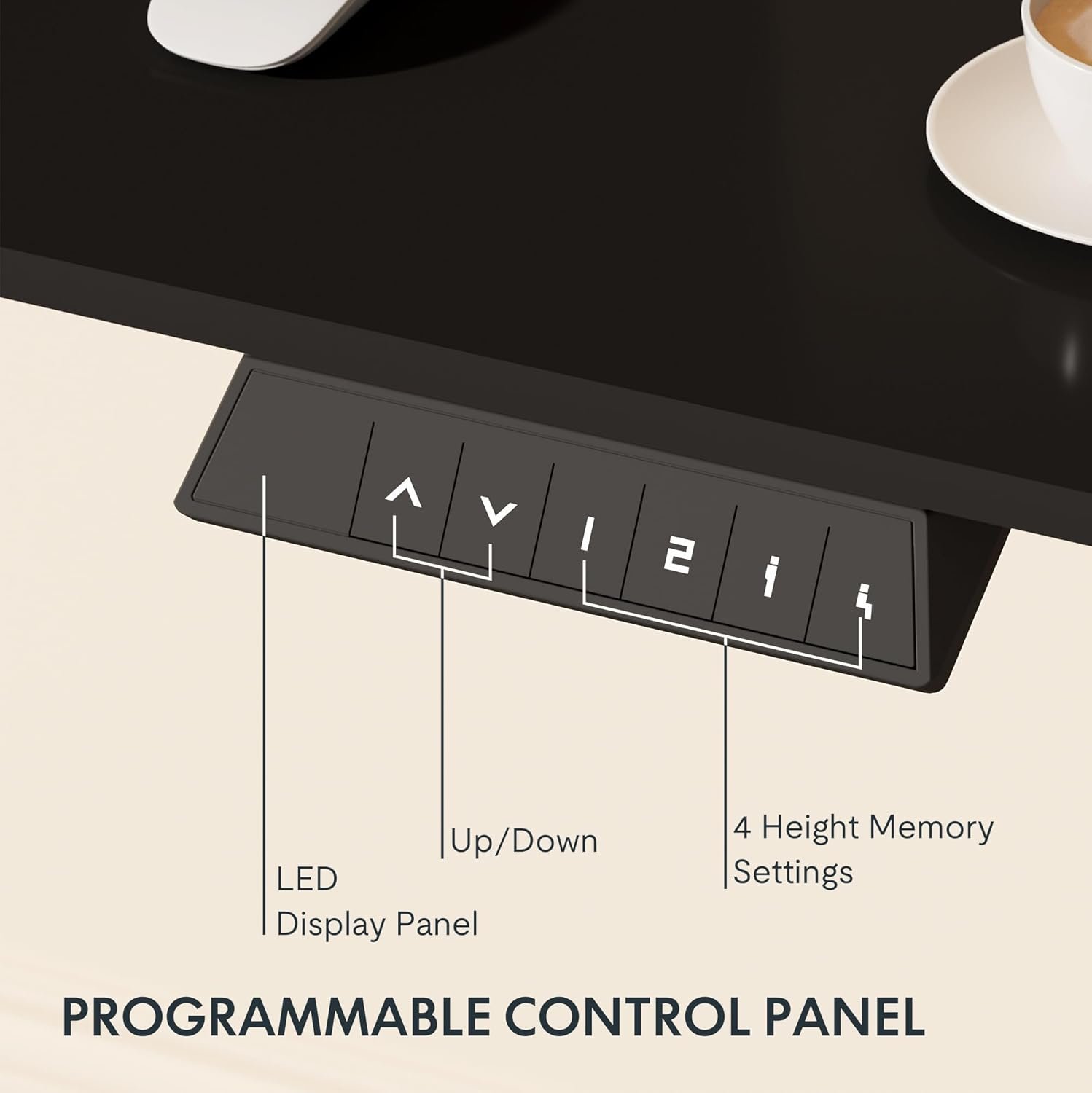 FlexiSpot EN1BW Smart Programmable Control Panel – Kilimani Executive Series Programmable LED control panel of FlexiSpot EN1BW Electric Height Adjustable Desk showing 4 memory height settings and digital height display