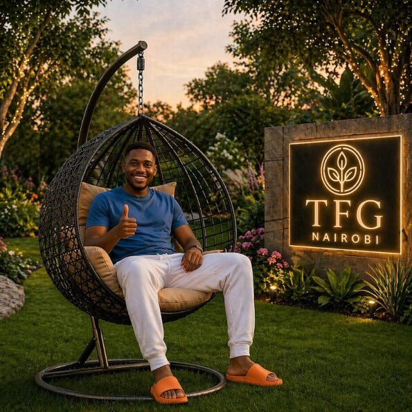 A happy gentleman sitting in a black wicker SERENGETI BB188 swing chair with beige cushions, giving a thumbs up in a luxury villa garden in Loresho, Nairobi.