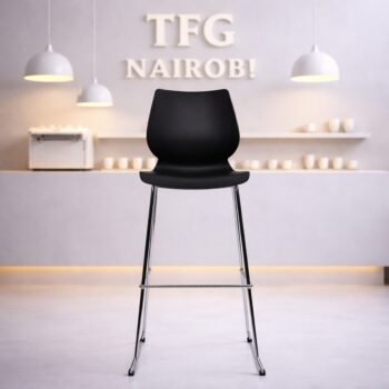 Front view headshot of HFB-4000 black plastic bar chair with chrome legs for an executive kitchen island in Kileleshwa Nairobi.
