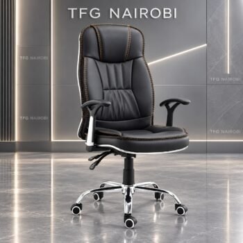 High-back executive leather office chair in black – black leather chair with contrast stitching, 135° recline, padded armrests and chrome base, Northlands, Nairobi