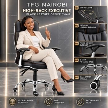 High-back executive leather office chair in black – features infographic of black leather chair with 135° recline, fixed armrests, metallic 5-star base and dual casters, Northlands, Nairobi