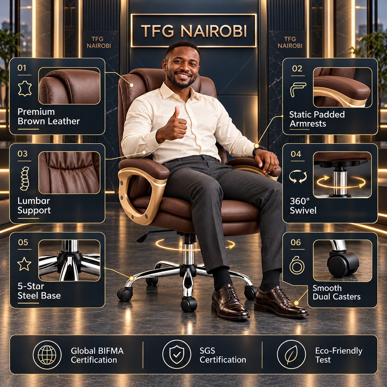 High-Back Executive Leather Office Chair in Brown Infographic – Kitisuru Nairobi High-Back Executive Leather Office Chair in Brown feature infographic staged by TFG Nairobi in Kitisuru Nairobi Kenya