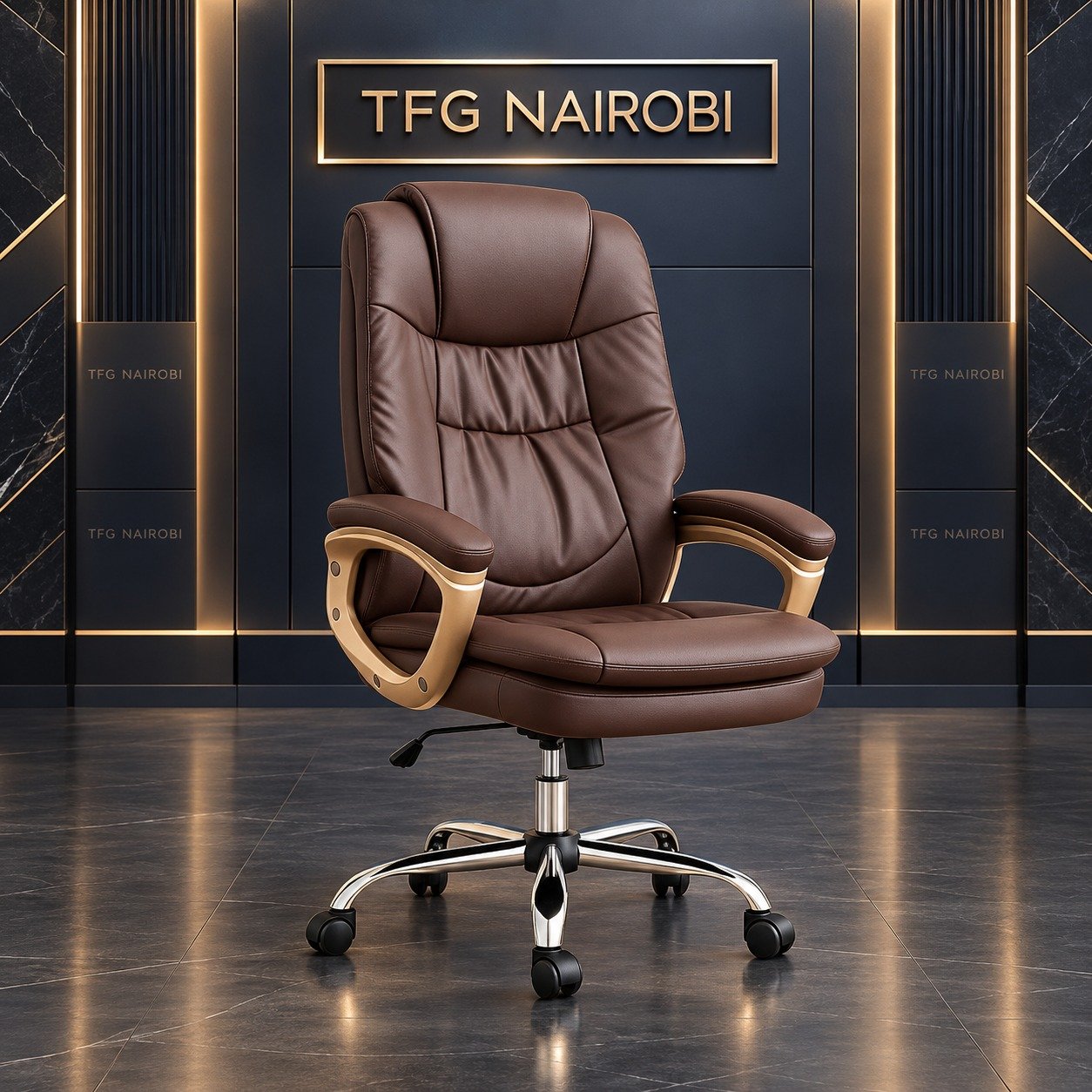 High-Back Executive Leather Office Chair in Brown – Kitisuru Nairobi High-Back Executive Leather Office Chair in Brown staged in the TFG Nairobi executive showroom in Kitisuru Nairobi Kenya