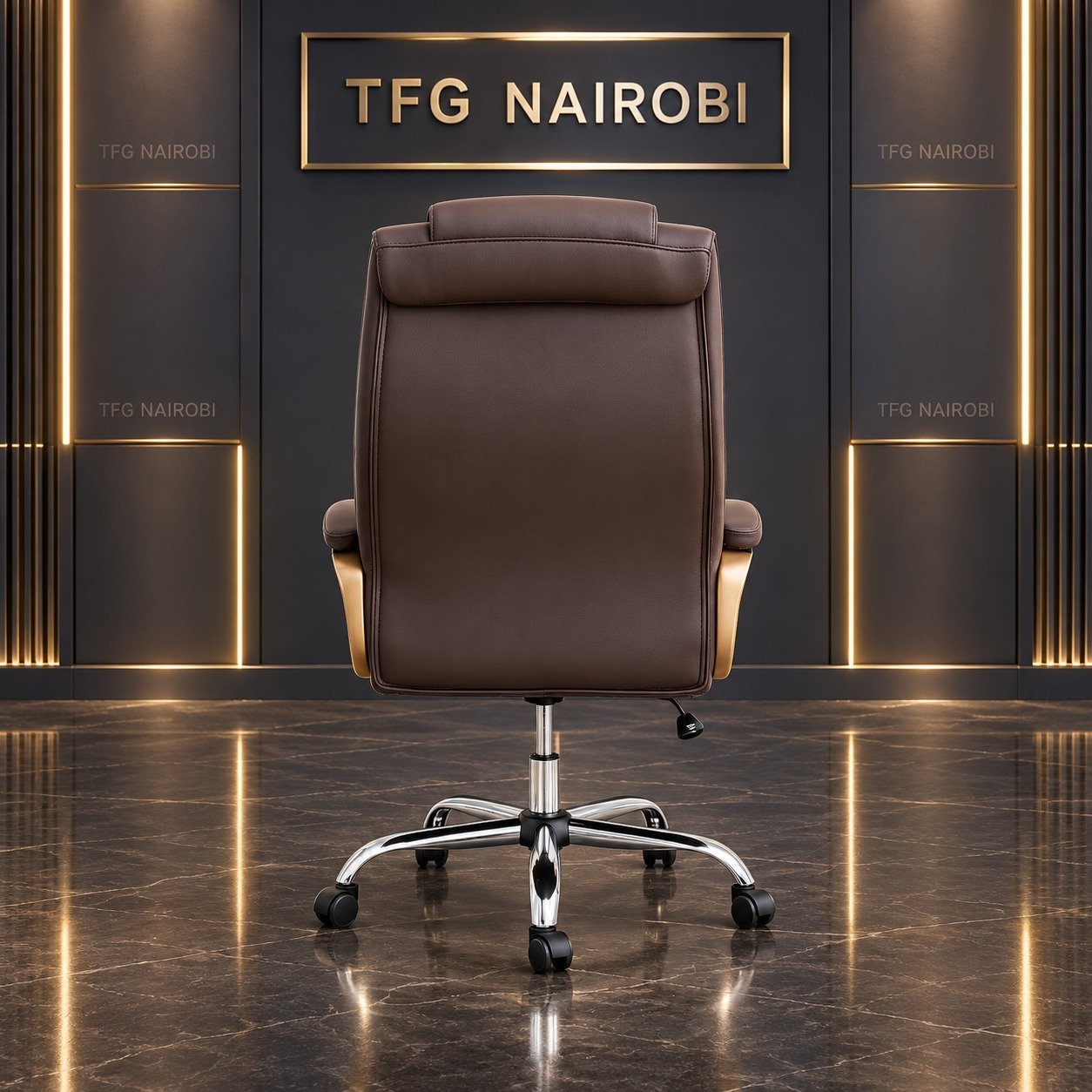 High-Back Executive Leather Office Chair in Brown Rear View – Kitisuru Nairobi High-Back Executive Leather Office Chair in Brown rear view showcasing luxury brown leather upholstery and polished chrome base staged by TFG Nairobi in Kitisuru Nairobi Kenya