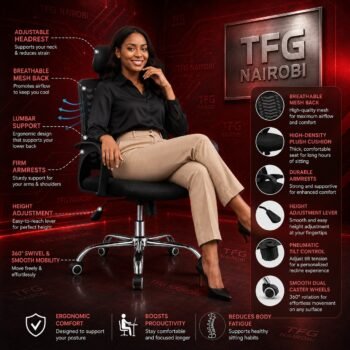 High-back office chair features: adjustable headrest, lumbar support, tilt control