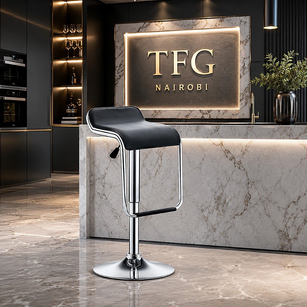 JB200-1 Black Bar Stool with Chrome Base in Gatundu Road Nairobi JB200-1 bar stool with chrome base and footrest in a modern kitchen on Gatundu Road, Nairobi, Kenya