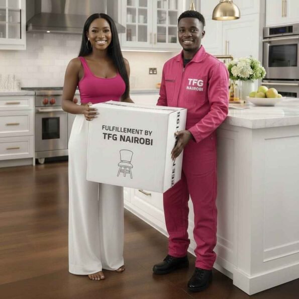 Happy South African client in Karen receiving the JH296 black leather kitchen island stool via TFG NAIROBI white-glove fulfillment service.