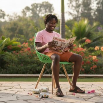 Man reading a magazine on a comfortable green EO197G Eames molded chair in Loresho.