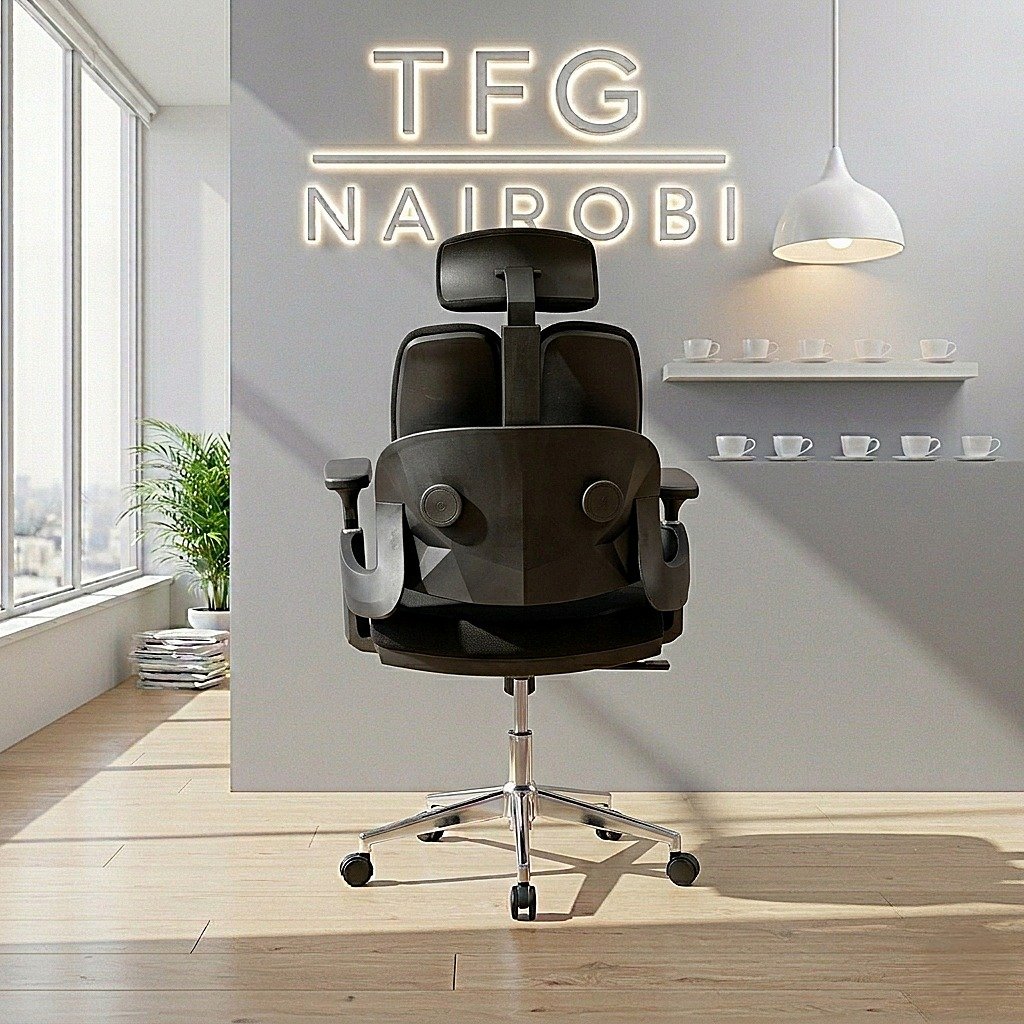 MEDUSA OFC01 - Upper Hill Structural Series Rear view of MEDUSA OFC01 black orthopedic office chair showing high-back lumbar support in an Upper Hill Nairobi office.