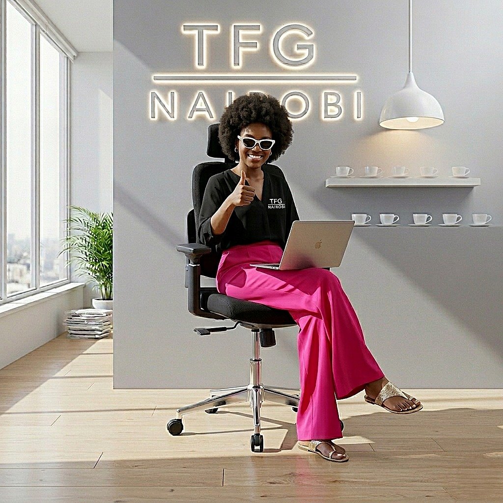 MEDUSA OFC01 - Upper Hill Customer Satisfaction Shot Satisfied lawyer giving thumbs up while sitting on a black MEDUSA OFC01 orthopedic chair in an Upper Hill Nairobi office.