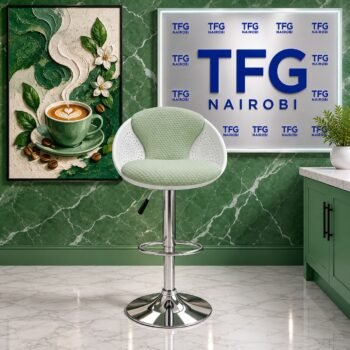 Modern Honeycomb Quilted Sage Green Swivel Bar Stool Kenya staged in a luxury showroom with green marble and TFG Nairobi backdrop in Karen Nairobi
