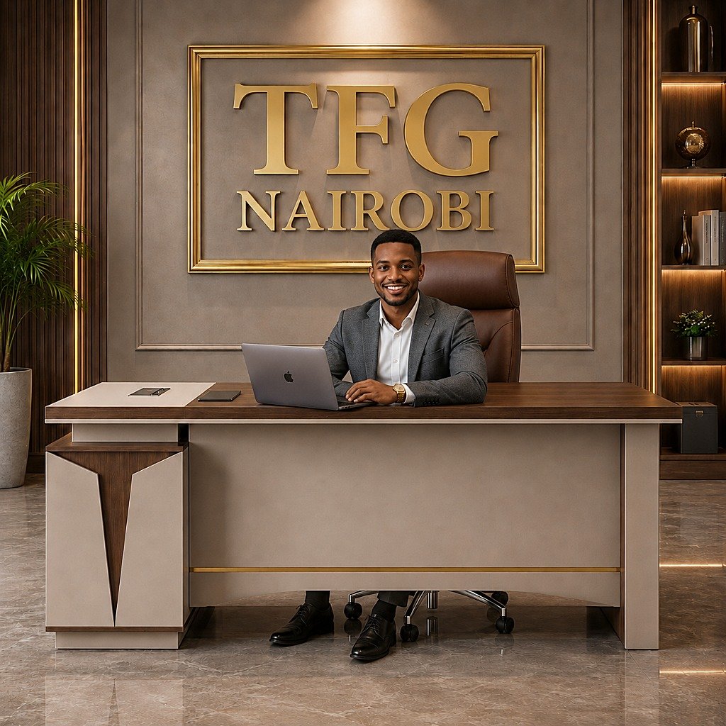 MSLOL 1.8M Executive Office Desk Smiling Client Lifestyle Shot in Gigiri Nairobi Smiling client working at MSLOL 1.8M brown and white executive office desk in Gigiri, Nairobi, Kenya