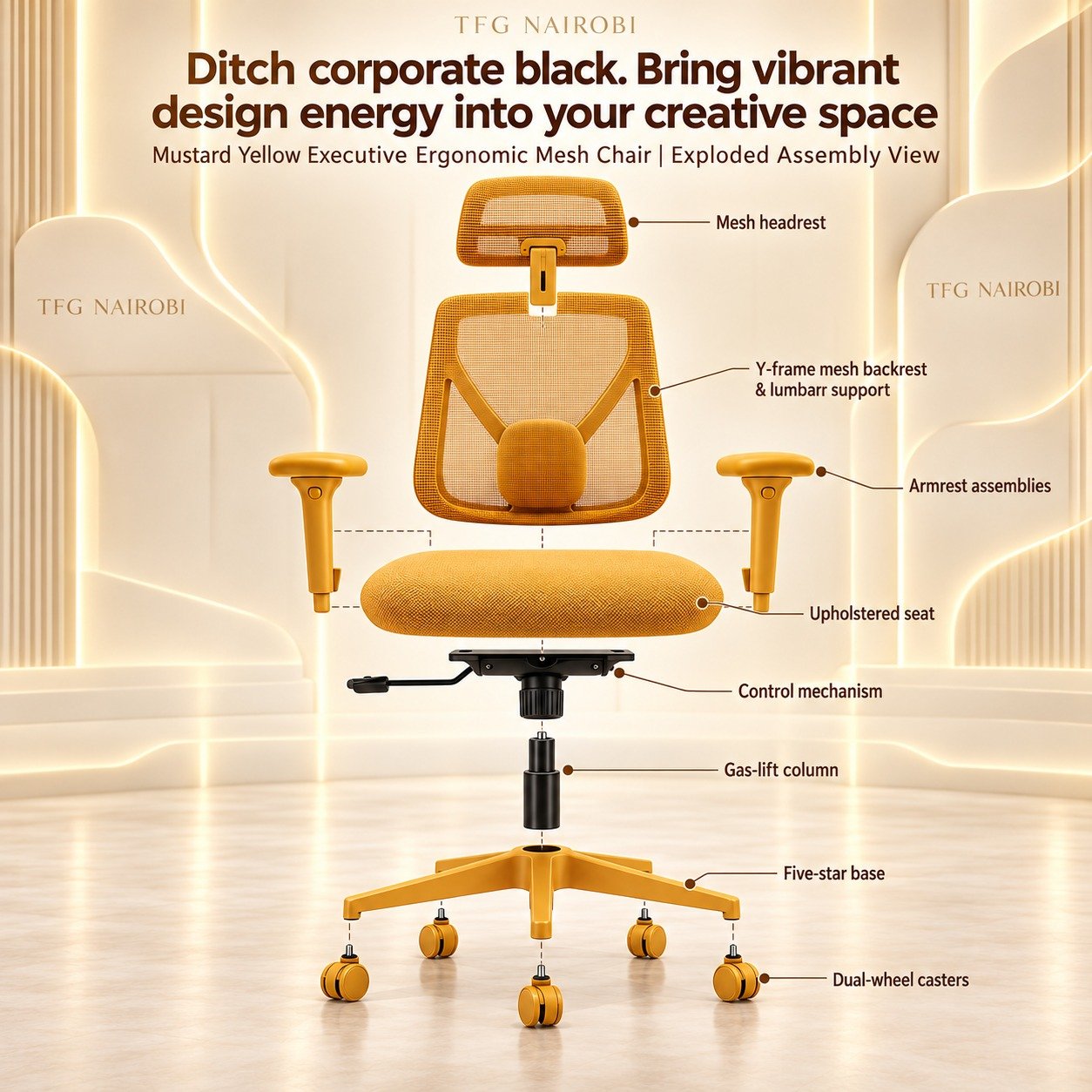 Mustard Yellow Executive Ergonomic Mesh Chair Exploded Assembly View – Westlands Nairobi Mustard Yellow Executive Ergonomic Mesh Chair exploded view infographic showing Y-frame lumbar backrest, mesh headrest, and five-star base in Westlands Nairobi Kenya