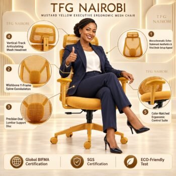 Mustard yellow executive ergonomic mesh chair – features infographic showing articulating mesh headrest, Y-frame back, oval lumbar support disc and colour-matched armrests, Westlands, Nairobi