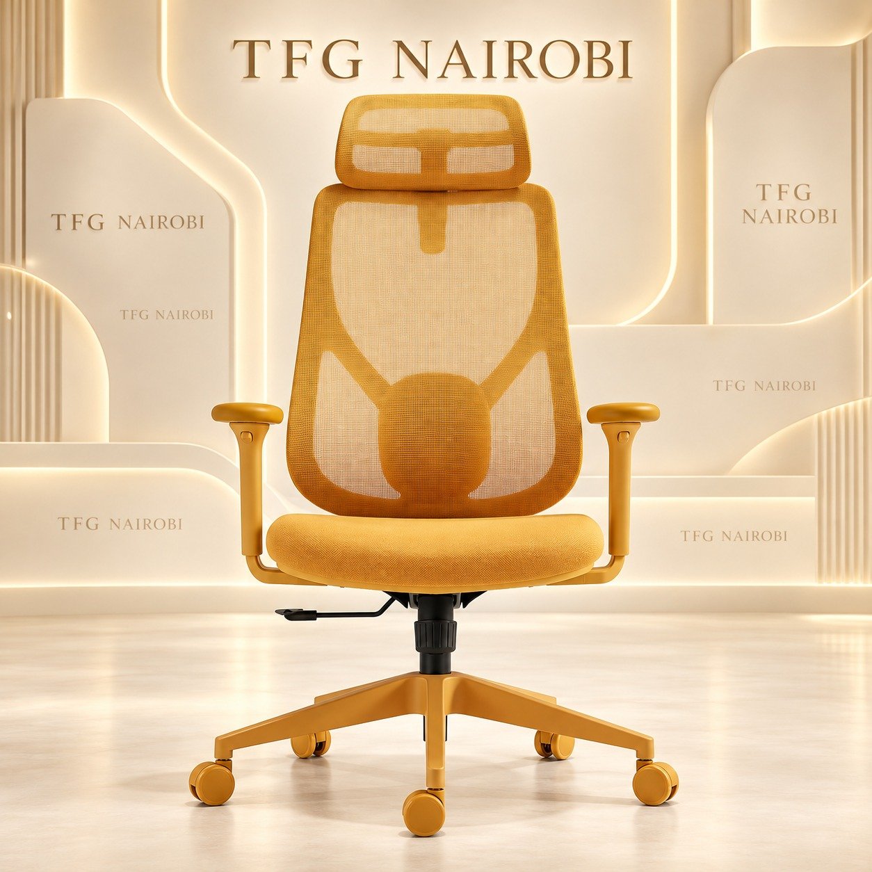 Mustard Yellow Executive Ergonomic Mesh Chair Mustard yellow executive ergonomic mesh chair – high-back mesh chair with Y-frame lumbar support, headrest and matching mustard base, Westlands, Nairobi