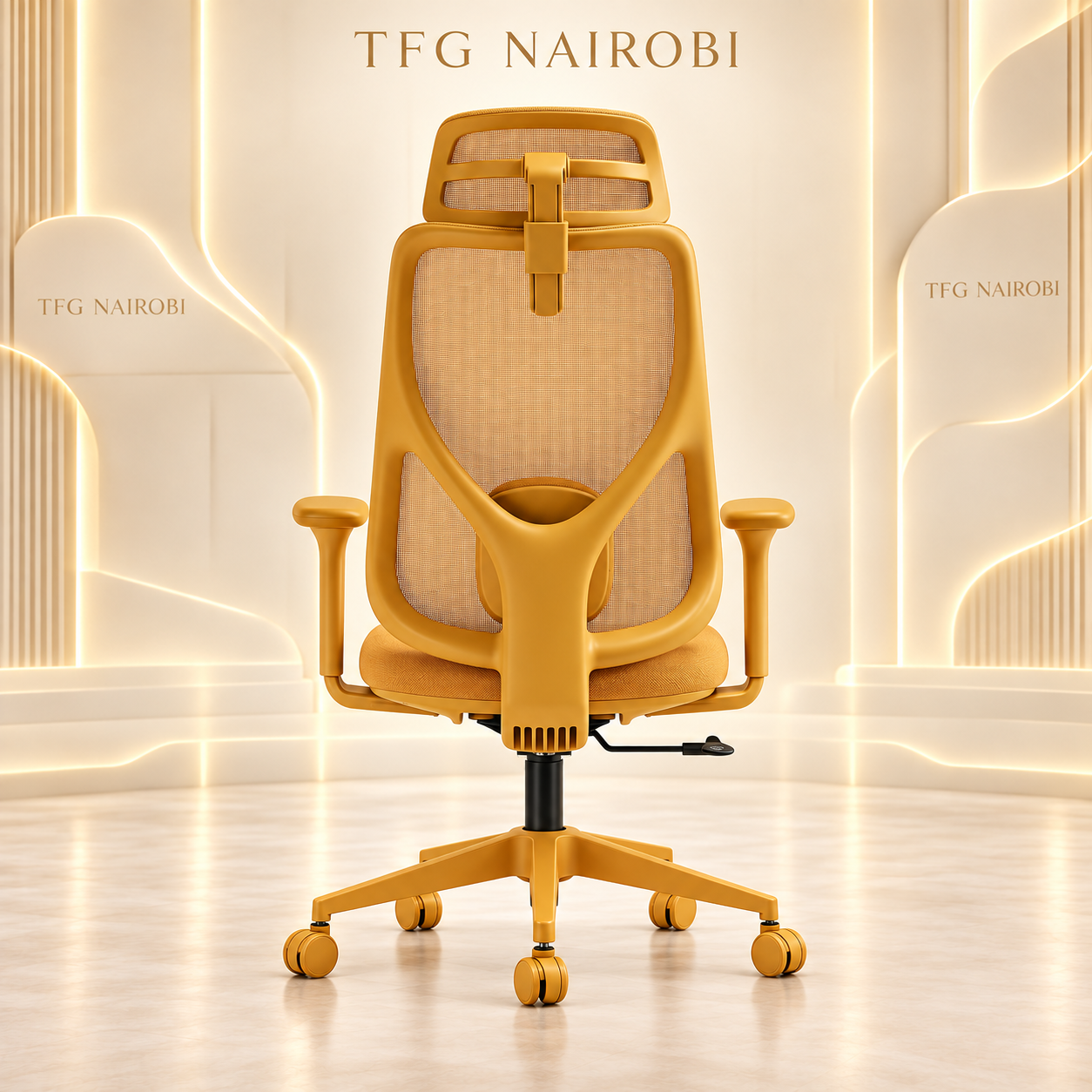Mustard Yellow Executive Ergonomic Mesh Chair Y-Frame Rear View – Westlands Nairobi Mustard Yellow Executive Ergonomic Mesh Chair rear view showing structural Y-frame lumbar support, adjustable mesh headrest, and color-matched star base staged by TFG Nairobi in Westlands Nairobi Kenya
