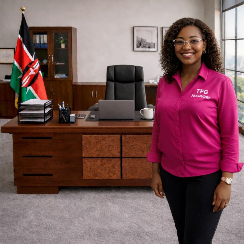 TWAF851 1.4M Desk - Loresho Executive Office Happy lawyer standing next to her red-brown TWAF851 1.4m executive desk in Loresho, Nairobi.